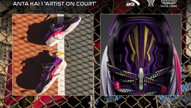 Side view of Kyrie Irving's purple and black ANTA sneakers.